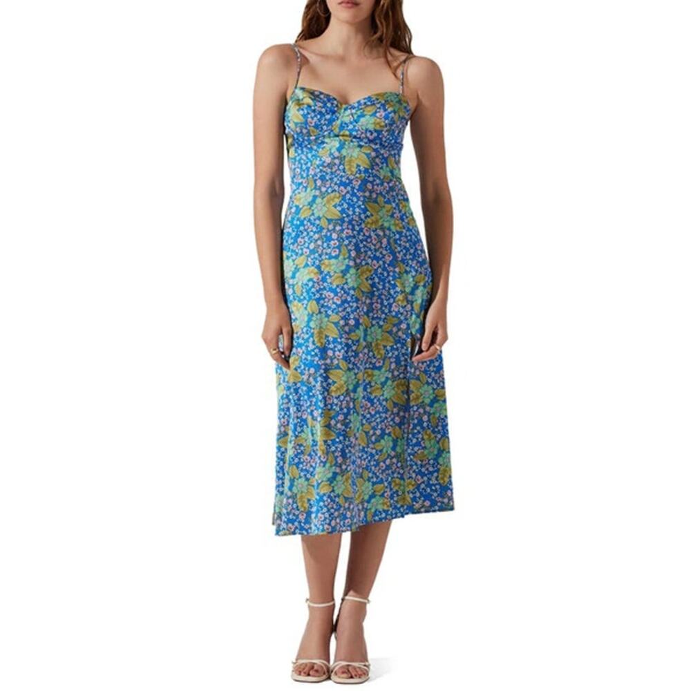 ASTR The Label Blue Multi Floral Bustier Satin Midi Dress Size XL